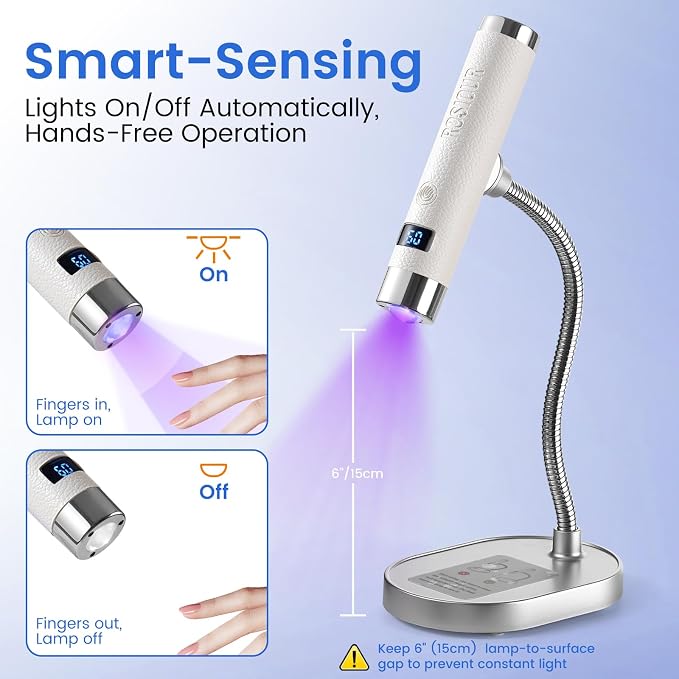 Mini UV Lamp for Gel Nails- Flash Cure Handheld Nail U V Led Curing Light with Stand- Rechargeable Hands-Free Fast Dry UV Lamp with Auto Sensor for Home Manicure and Salon (White)