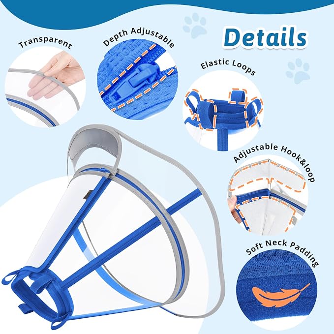 Dog Cone Collar, Clear Recovery Cone to Stop Licking, Adjustable Depth for Large Dogs, E-Collar with Reflective Strip for Night Visibility After Neuter Blue XXL