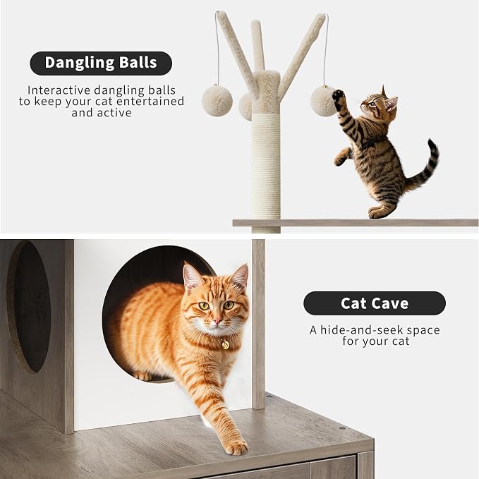 GAOMON Litter Box Enclosure with Cat Tree Tower 2-in-1 Modern Hidden Pet Washroom Furniture with Condo Hammock Scratching Posts and Multiple Soft Perches