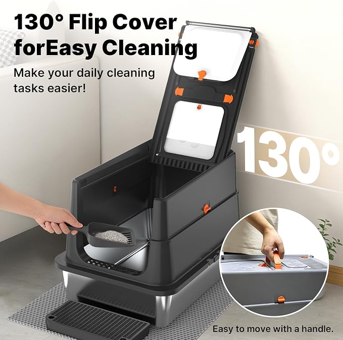 Stainless Steel Litter Box with Flip Lid, XL Extra Large Cat Litter Box with High Sided Top Entry Design, Anti-Leakage Enclosed Metal Litterbox for Big Cats, with Handle, Mat, Pedal & Scoop, Black