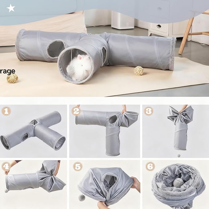 JanYoo Rabbit Bunny Tunnel Hideout Bunny Toys for Rabbits Guinea Pig Accessories Ferret Kitty 3 Ways Collapsible Tunnels (Solid Grey)
