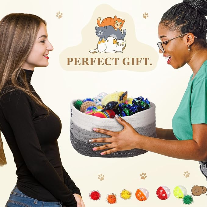 Zopeal 58 Pcs Summer Graduation Cat Storage Basket Gift Toys Set, Colorful Flashing Balls Pet Bell Crinkle Balls Spring Toys Attract Cat to Swat, Hunt, Interactive for Pet(Multicolor,9.8 Inch)