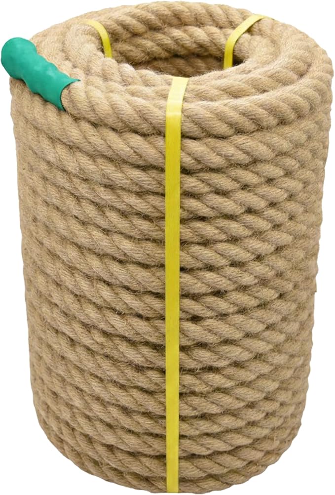 Jute Rope Natural Jute Manila Rope Nautical Hemp Rope Twisted Natural Thick Heavy Duty Ropes for Crafts, Bundling,Anchor, Hammock, Nautical, Tug of War, Railings,Decorate (1-1/4 in X 100 Ft)