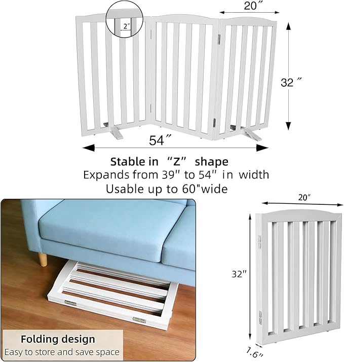 ZJSF Foldable Freestanding Indoor Dog Gate for House Wood White Long Pet Gates Dog Fence for Stairs Puppy Gates for Hallways,Pet Fence, Puppy Gate,Support Feet Included 32 "Height-3 Panels