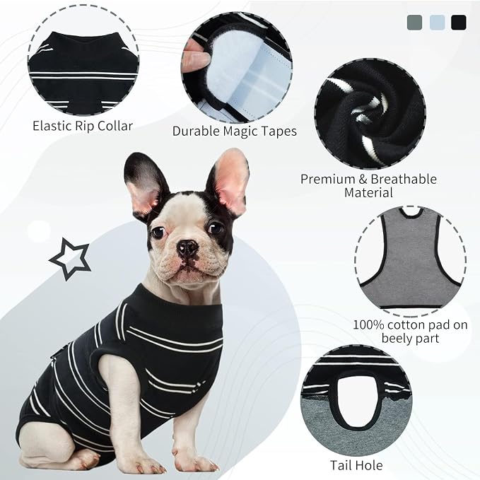 Kuoser Dog Surgery Recovery Suit, Soft Breathable Dog Recovery Suit for Female Spay Male Nueuter, Anti Licking Puppy Onesie Pet Surgical Suit for Dogs Abdominal Wounds Skin Disease, Black Strips XS