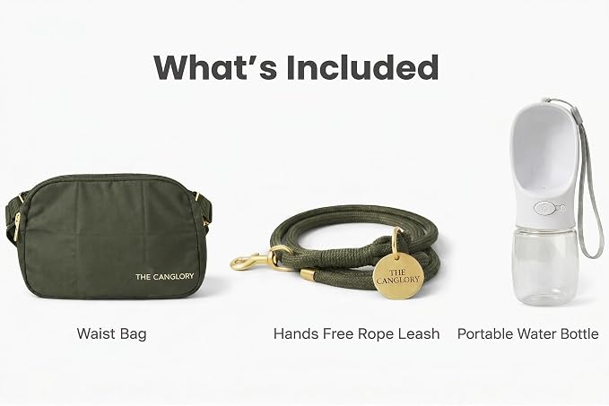 Premium Hands-Free Dog Walking Kit 4-in-1 Crossbody Fanny Pack, 78inc HeavyDuty Rope Leash,12oz Water Bottle & Poop Bag Dispenser, Hands-Free Kit for Running, Hiking&Training(Olive Green)