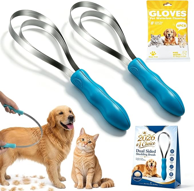Dual Sided Shedding Blade for Cats, Dogs & Horses, Dog Deshedding Tool with Fine & Coarse Stainless Steel Teeth, Double Sided Shedding Blade for Short Long Thick Coats, Removes Loose Undercoat (#B*2)