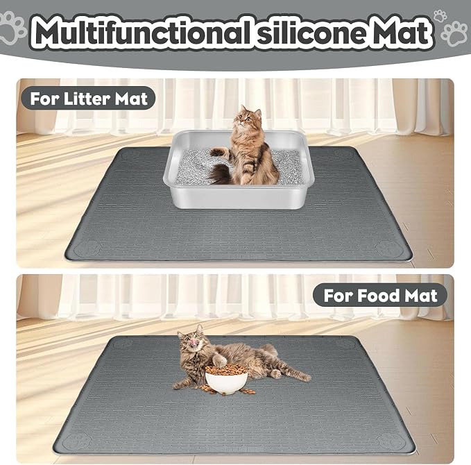 Kalolary Cat Litter Box Mats, Large 34" x 22" Silicone Cat Mat, Easy to Clean Kitty Litter Trapping Mat, Soft on Kitty Paws, Waterproof, Urine-Proof Kittys Litter Mats for Floor, Dark Grey