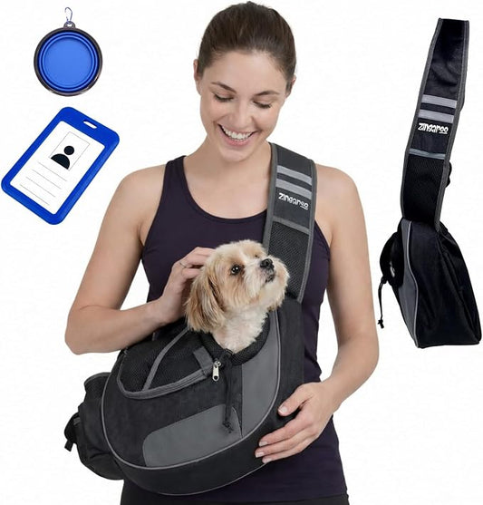 Hands-Free Sling Pet Carrier for Cats and Small Dogs up to 7lbs – Travel Set Includes Foldable Water Bowl & ID Card – Breathable Mesh, Safety Hook & Adjustable Padded Strap for Walking & Travel