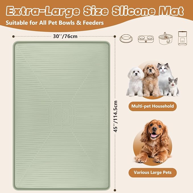 Lorvain Dog Food Mat, 45" x 30" Silicone Pet Feeding Mat with Raised Edges, Extra Large Pet Placemat for Dog Cat Food and Water Bowl Non-Slip, Easy to Clean, Waterproof & Floor Protection, Green