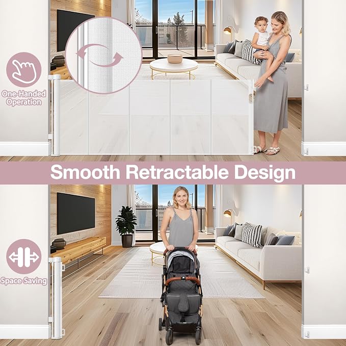 Reinforced 72" Wide Retractable Baby Gate with Rods Prevent Sagging, Retractable Dog Gate Mesh Baby Gate for Doorway, Large Baby Gate Retractable Gates for Dogs, Extra Wide Dog Gates for Stair, White