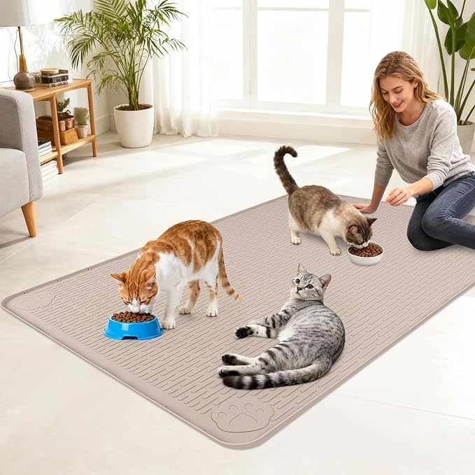 Cat Food Mat, 40" x 28" Large Silicone Mat Cat Feeding Mat with Raised Edge Non-Slip Pet Feeding Mat for Food and Water Bowl, Easy to Clean, Floor Protection (Khaki)