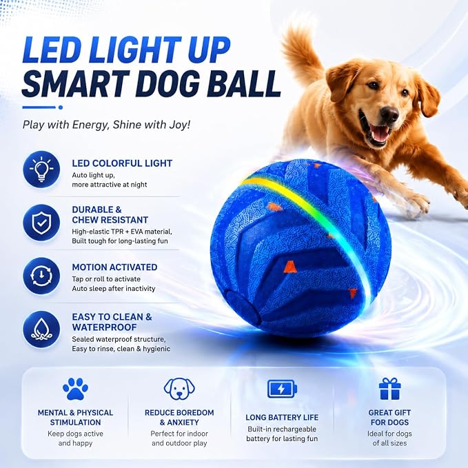 Smart Dog Ball - High-Elasticity E-TPU Interactive Toy, Automatic Rolling Ball with 2 Modes & LED Glow, 350mAh Long Battery Life, Motion Activated & USB-C Rechargeable for Dogs