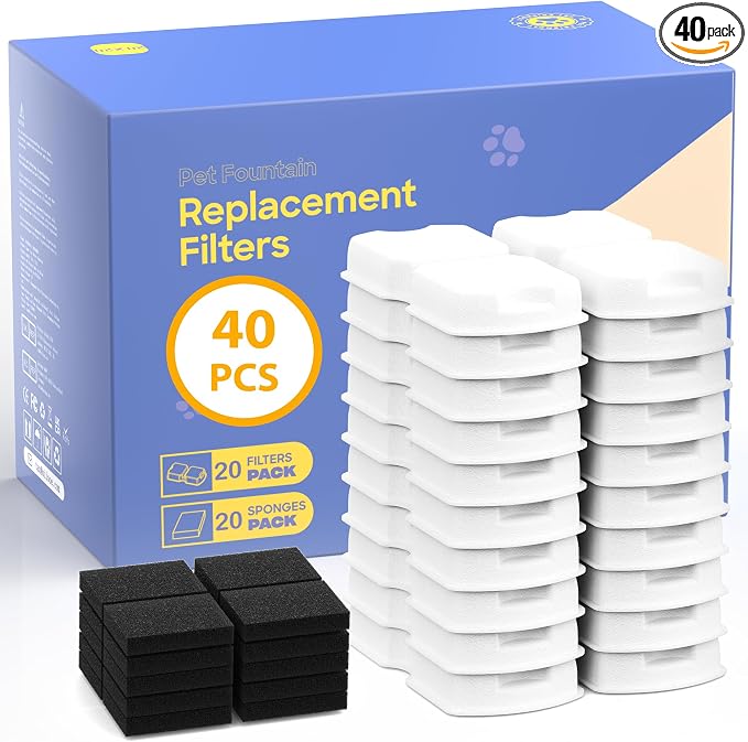 Cat Water Fountain Filters: 40 Cat Fountain Filter Replacement - 10 Months Set of Replacement Filters for ATMZIQXR Pet Fountains S18 - Contains 20 Carbon Filters + 20 Sponges Filters