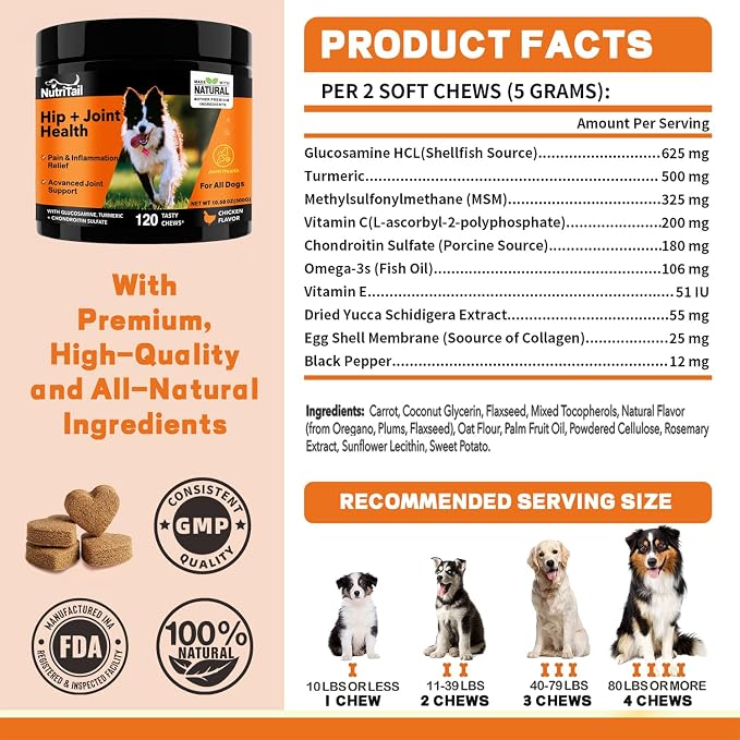 Hip & Joint Health Soft Chews for Dogs – Glucosamine, Turmeric, Omega-3 & Chondroitin – Natural Joint Supplement for Mobility, Pain & Inflammation Relief – Chicken Flavor, 120 Soft Chews