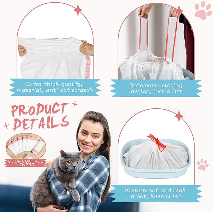 Colarr 50 Count Extra Disposable Large Cat Litter Box Liners Scented Jumbo Drawstring Bags for Pet Cat Supplies Litter Box Tray, 36 x 18 Inch