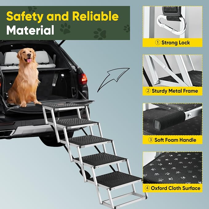 Sakerplus Dog Ramps for Car, 17.7inch Wide Foldable Dog Stairs with Non Slip Surface, Portable Pet Steps for SUV, High Beds, Truck, Support Up to 200lb, 5 Steps