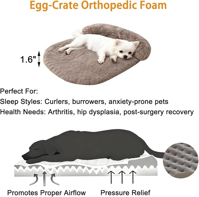 Orthopedic Dog Bed with Egg-Crate Base, Calming Dog Beds Fluffy Plush Faux Fur with Raised Edges, Spine Friendly Pet Sleeping Mat for Medium Large Dogs, Machine Washable (Oval, Brown 32"x24")
