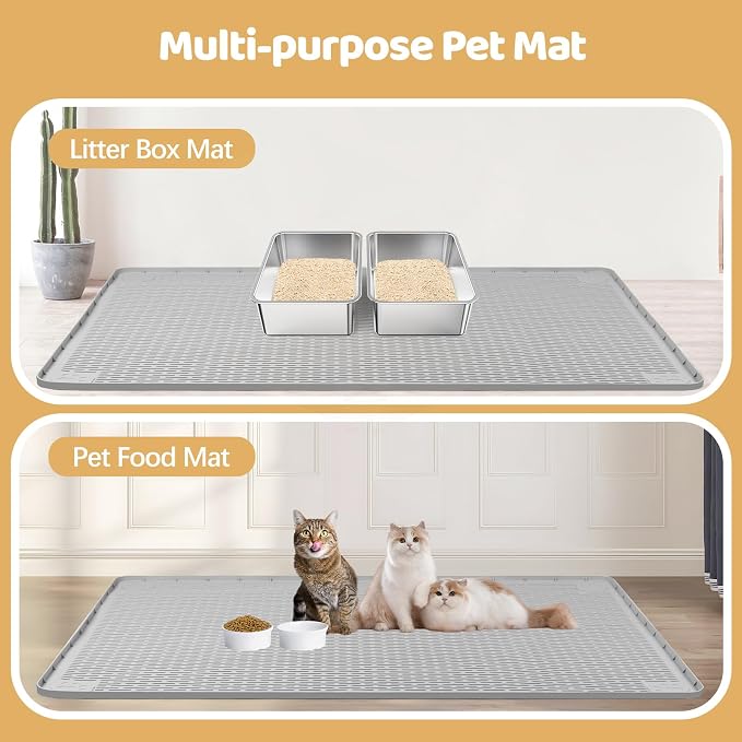 Cat Litter Mat, XL Extra Large 57" x 40" Silicone Mat Litter Trapping Mat for Scatter Control, Soft on Kitty Paws, Easy to Clean (Light Grey)