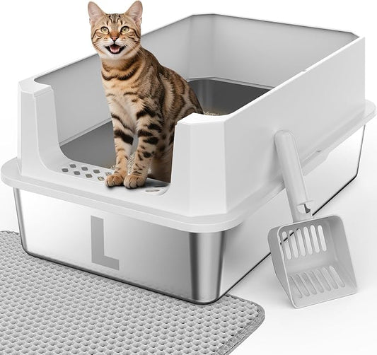 FURTIME Stainless Steel Cat Litter Box, Easy-Clean High-Sided Metal Litter Box, Open-Top Litter Pan for Large Cats, Includes Scoop & Mat, Non-Stick, Anti-Leakage, 23"×15"×10.5"