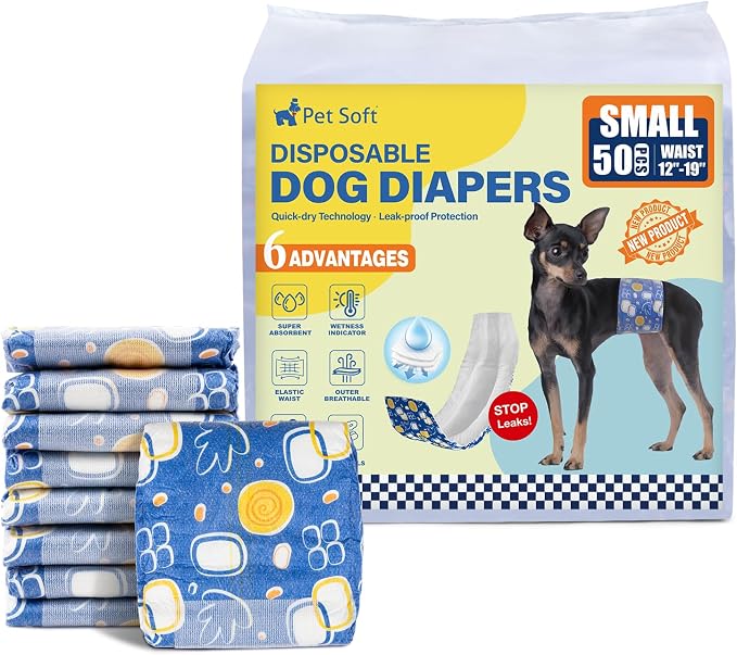 Pet Soft Male Dog Diapers - Disposable Male Dog Wraps with Wetness Indicator, Puppy Diapers for Pets Excitable Urination or Incontinence, 50pcs Small