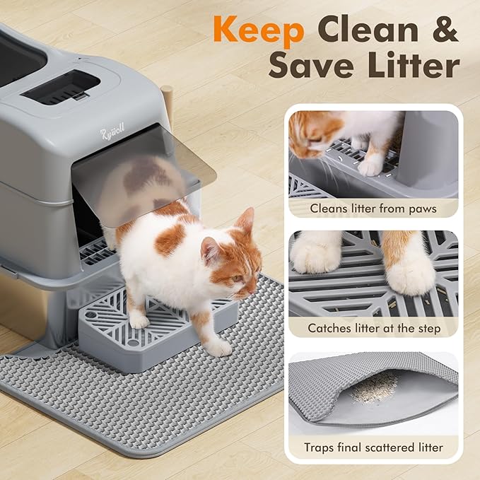 Rywell Stainless Steel Cat Litter Box with 180° Flip-Top Lid – Extra Large 40L Metal Kitty Pan, 3-in-1 Modes, High-Sided Odor Control & Anti-Splash Design for Large Cats & Multi-Cat Households
