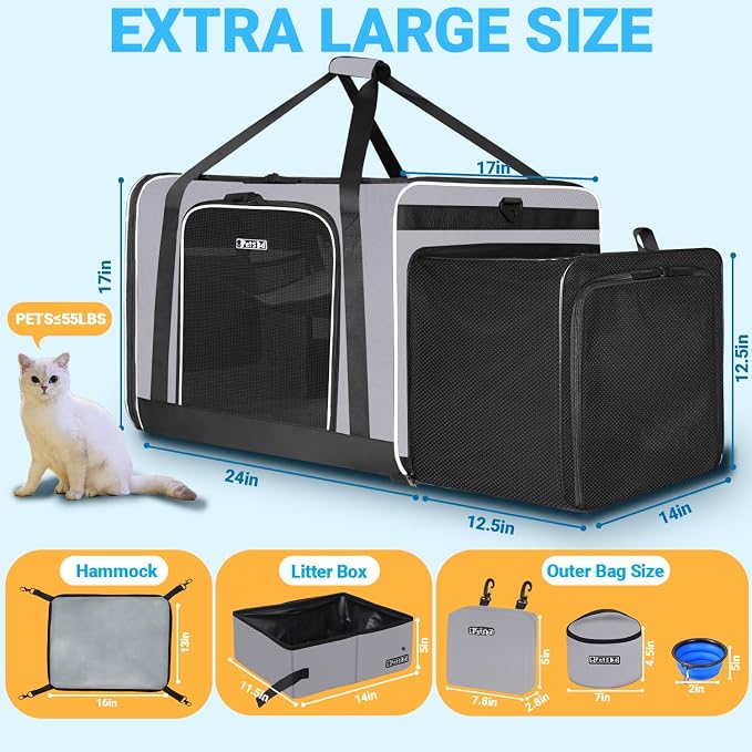 Petskd Side Expandable Extra Large Cat Carrier with Litter Box Area, 24"x17"x17" Soft-Sided Pet Carrier for 2 Cats Under 55 lbs with Zipper Locks for Car Travel(Grey)