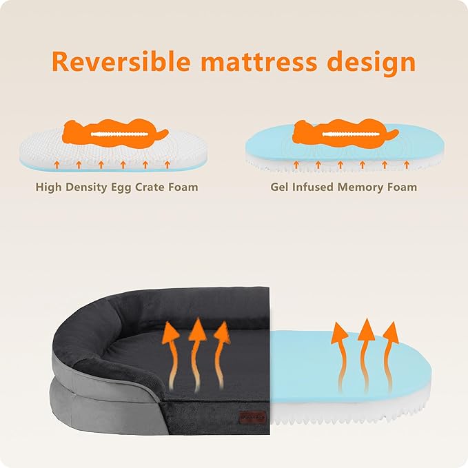 Dwanton Orthopedic Dog Bed for Extra Extra Large Dogs with Gel Memory Foam, Waterproof Dog Sofa, Washable Pet Bed with Four Sided Bolster Cushion, Removable Cover & Non-Slip Bottom, 48", Dark Grey