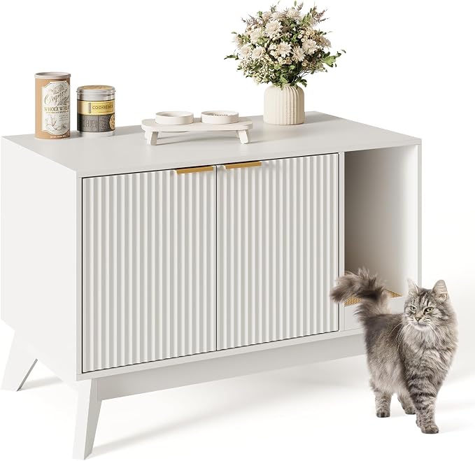 Cat Litter Box Enclosure Hidden Litter Box Furniture with Scratch Pad Cat House Wooden Cat Washroom Cabinet 2-in-1 for Living Room,Hallway,White