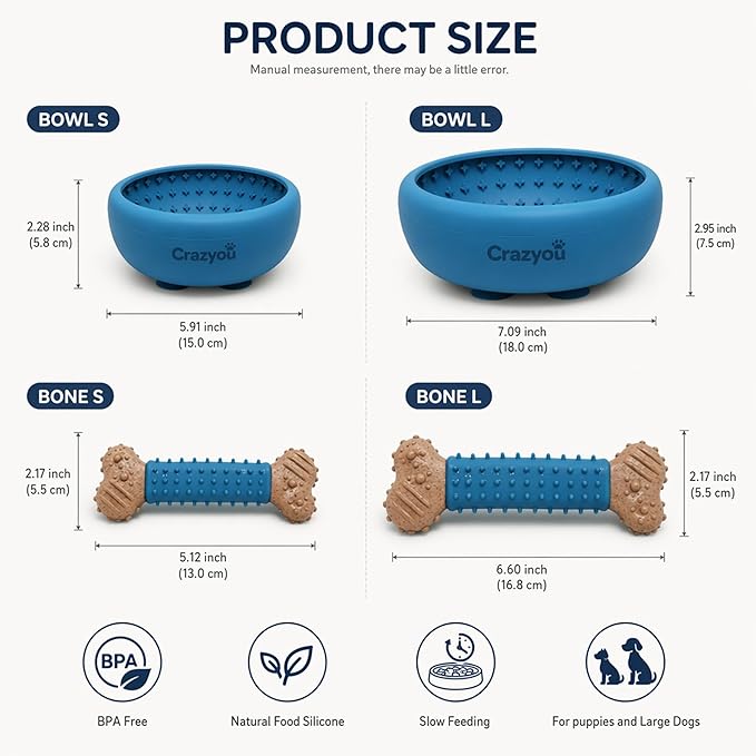 Dog Lick Bowl with Bone Chew Toy, BPA Free Silicone Slow Feeder Dog Bowl, Lick Mat for Dogs with Strong Suction, Dog Freezer Bowl for Anxiety Relief, Paw Calm, Dishwasher (Blue, S)