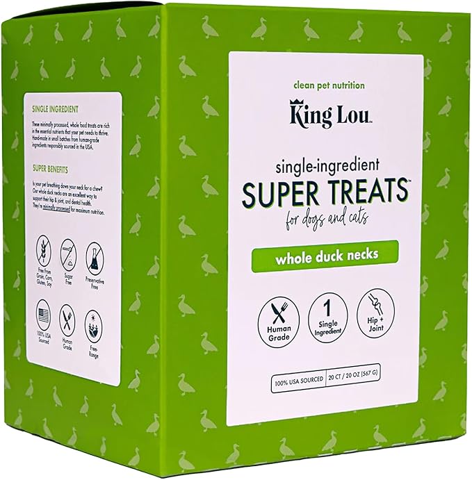 King Lou Pets - Whole Duck Necks for Dogs & Cats - Dehydrated Dog Treats - USA-Made Dental Chews for Dogs - Protein-Rich Collagen Snacks, 20 Count