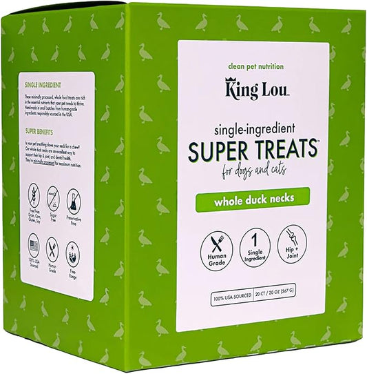 King Lou Pets - Whole Duck Necks for Dogs & Cats - Dehydrated Dog Treats - USA-Made Dental Chews for Dogs - Protein-Rich Collagen Snacks, 20 Count