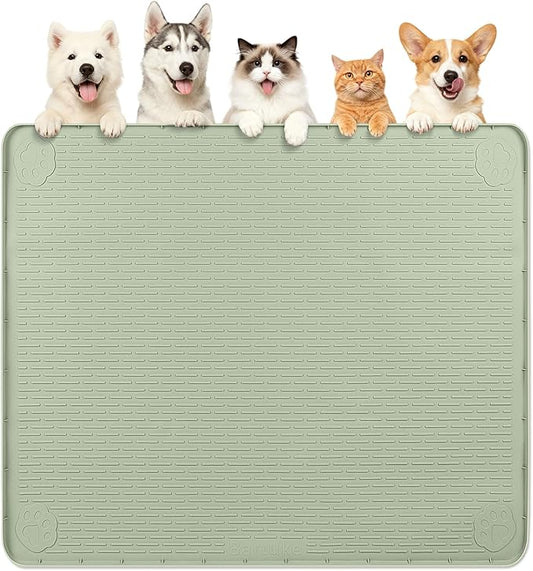 Dog Food Mat, Extra Large 40" x 40" Silicone Pet Feeding Mat with Raised Edge Pet Placemat for Small, Medium, and Large Pets Non-Slip, Easy to Clean (Green)