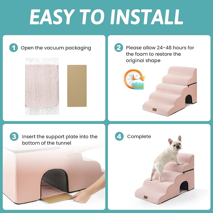 COZY KISS Extra Wide Dog Stairs with Tunnel, Detachable Large Pet Step for Small Medium Dog, Puppy or Cat, Ramp for High Bed, Couch, Sofa or Car, Stable, 19.7x33x22.4 inch, 5 Step, Pink