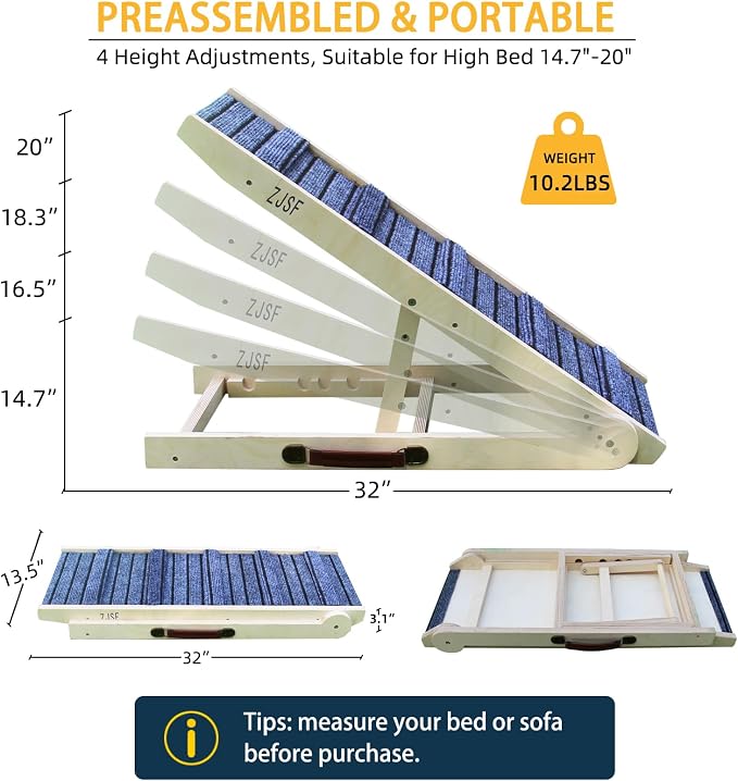 ZJSF Foldable Dog Ramp for High Bed, Wooden Dog Stairs to Bed for Small and Large Dogs, High Traction Platform with 4 Adjustable Heights (14.7"-20"), 32" L, Supports up to 200 lbs