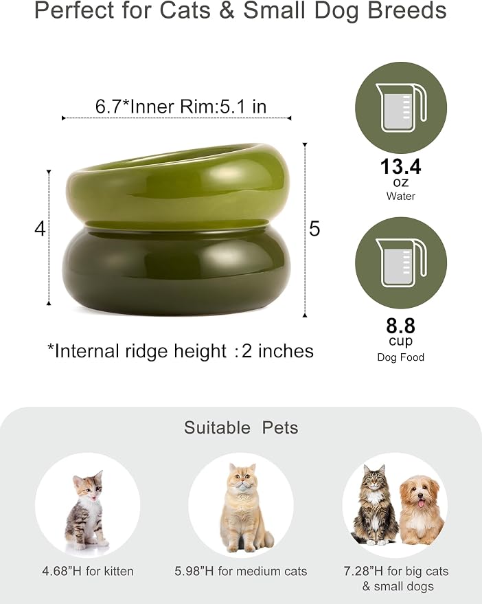 Elevated Cat Water Bowls Raised Small Ceramic Dog Bowl,Non-Slip Tilted Cat Food Bowl Whisker Friendly-Green