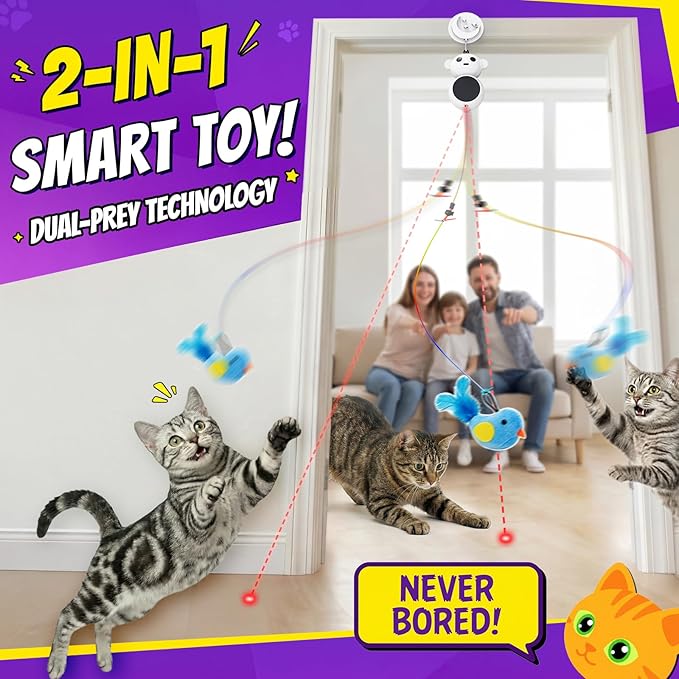 Interactive Cat Toys for Indoor Cats, 2-in-1 Laser Pointer Cat Toy with Automatic Flying Bird & Mouse Wand, Adjustable Speed USB Rechargeable Doorway Hanging Toy for Bored Kittens and Adult Cats