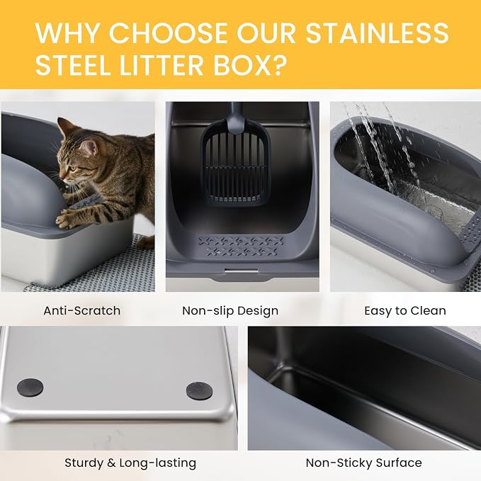 Simple Deluxe XL Stainless Steel Cat Litter Box with Lid, High Sided Metal Litter Pan for Large Cats, Urine-Proof Non-Stick & Easy to Clean, Dark Gray