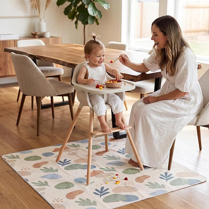 Baby Splat Mat for Under High Chair, 51"x51" Waterproof Non-Slip Floor Mat | Reusable Polyester Surface, Easy Daily Cleanup for Crumbs and Spills, Machine Washable for Deeper Cleaning