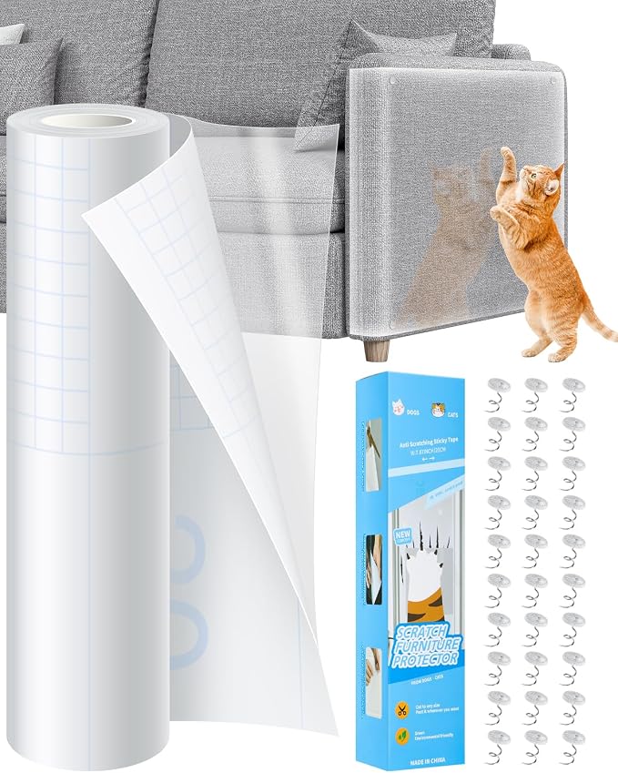 Anti Cat Scratch Furniture Protector,Clear Self-Adhesive Furniture Protectors for Apply Scratching Deterrent and Shield for Sofa Corners, Walls, Doors with 30 Twist Pins(118in x 7.9in)