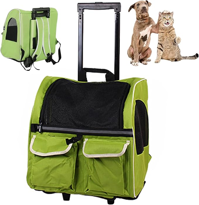 Pet Rolling Carrier Backpack with Wheels, Portable Cat Dog Travel Trolley Bag Carrier Case Luggage Box Backpack for Outdoor Indoor Use for Small Dogs/Cats