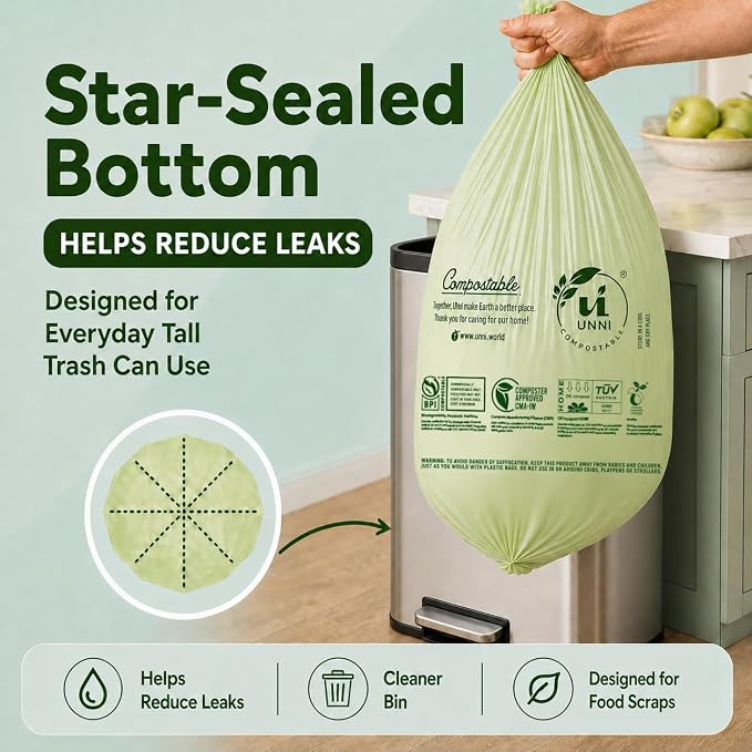 UNNI Compostable Trash Bags, 20-23 Gallon / 87 Liter, 60 Count Value Pack, Extra Thick 1.0 mil Large Bin Liners for Food Scrap, BPI, CMA & OK compost HOME Certified (Meets ASTM D6400)