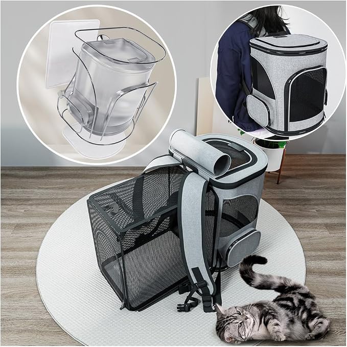 Cat Carrier Backpack, Expandable Pet Carrier with Sun Shade ，Oxford Canvas Material,Breathable Mesh Backpack for Small Dogs, Medium Cats, for Traveling, Hiking, Camping (Grey)