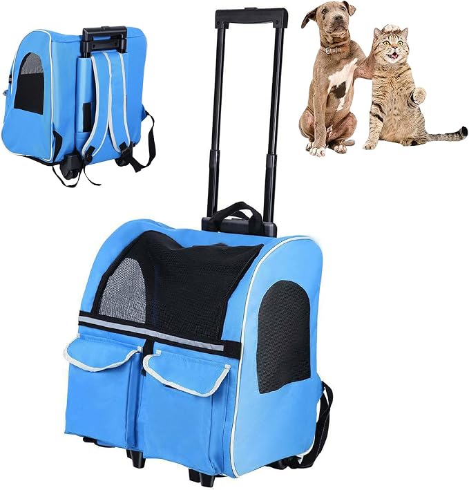 Pet Rolling Carrier Backpack with Wheels, Portable Cat Dog Travel Trolley Bag Carrier Case Luggage Box Backpack for Outdoor Indoor Use for Small Dogs/Cats