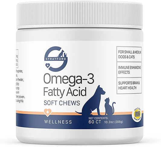Stratford Pharmaceuticals EZ Chew Omega 3 Fatty Acid Soft Chew Max Strength - Dog Omega 3 Supplement - Soft Chew Treats with Fish Oil for Dogs - Small and Medium Dogs - 60 Soft Chews