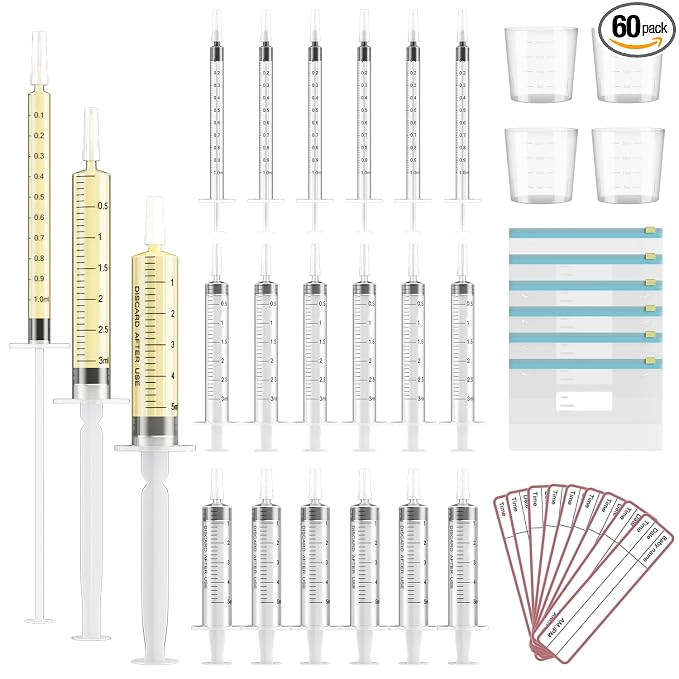 60 Sets 1/3/5Ml Colostrum Collector Kit Include 1/3/5ml*20 No Needle Sterile Syringes with Cap, 4 Measuring Cup, 6 Zip-lock Storage Bags, 60 Labels for Breast Milk Collector