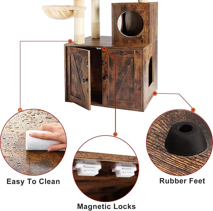 Timberer Cat Tree Tower with Litter Box Enclosure, 2-in-1 Wooden Cat Condo with Sisal Scratching Post, Hammock, Brown