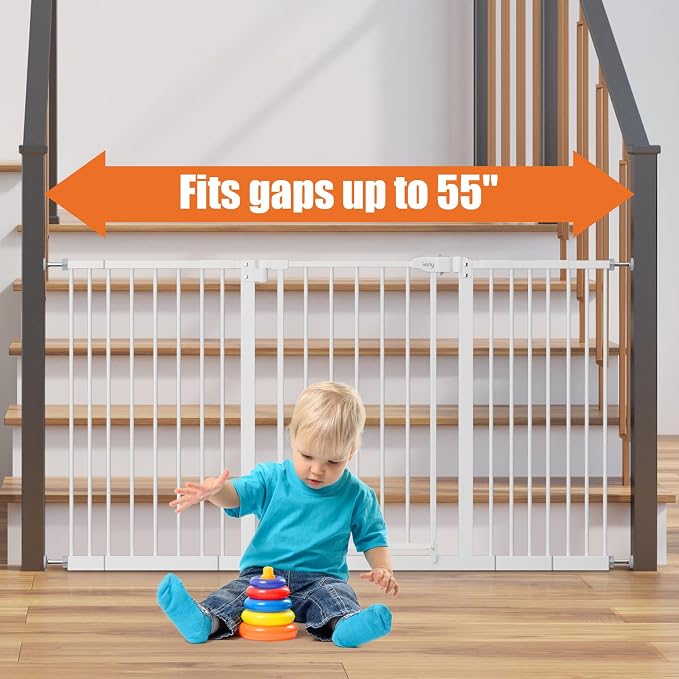 keny 29"-55" Extra Wide Baby Gate, Pressure Mounted No Drilling Dog Gate for Stairs Doorways, Easy Walk Through Safety Gate for Babies or Pets, 30" Tall, White
