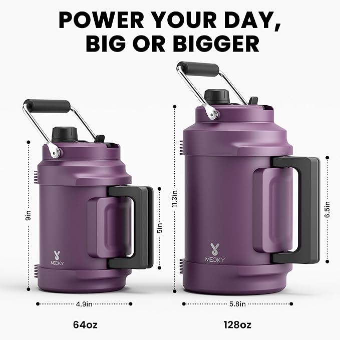 64 oz Insulated Water Bottle for Gym: Meoky Triple Wall Vacuum Stainless Steel Half Gallon Water Jug - Top and Side Handles, 2-in-1 Straw and Spout Lid, Cold for 36 Hrs, Leak Proof for Camping (Plum)