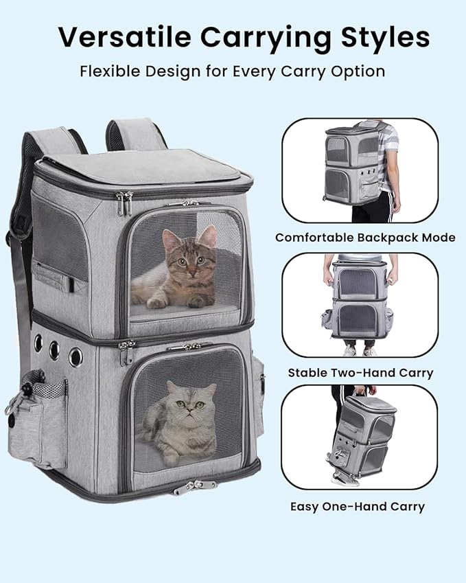 HOVONO Double-Compartment Pet Carrier Backpack for Small Cats and Dogs, Cat Travel Carrier for 2 Cats, Perfect for Traveling/Hiking/Camping, Grey